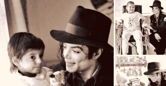 A collage of three sepia-toned photos shows Michael Jackson interacting warmly with children, including one in a wheelchair and others receiving his attention and smiles.