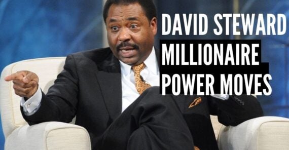 A man in a suit sits in a chair, gesturing with his hand. Overlaid text reads: "David Steward Millionaire Power Moves.