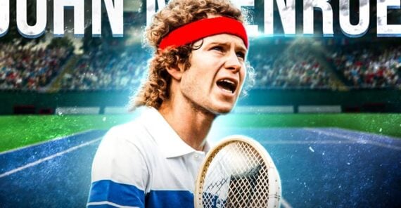 A tennis player with curly hair and a red headband holds a racket and appears to be shouting on an outdoor tennis court, with a crowd in the background. The name "John McEnroe" is partially visible at the top.