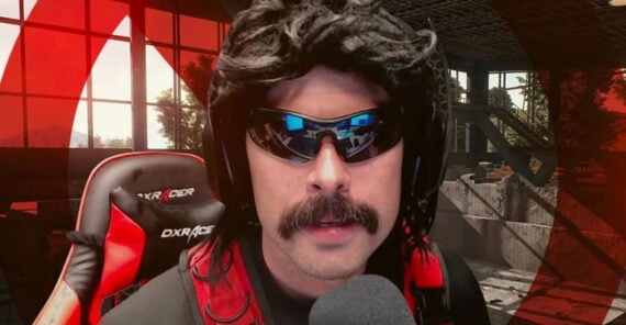 A man with a black curly wig, sunglasses, and a thick mustache sits in a gaming chair with a microphone in front of him. A red and black background with windows and gaming equipment is visible behind him.