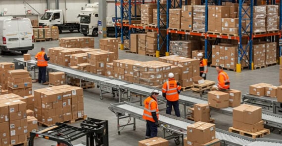 Workers in orange safety vests move and sort cardboard boxes on conveyor belts in a large warehouse, with shelves stacked high with packages and delivery vans visible in the background.