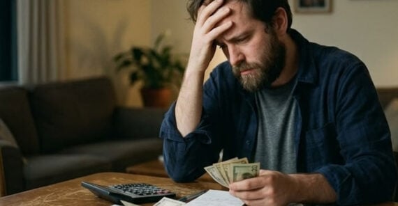 A man sits at a table, looking stressed while holding cash in one hand and resting his head in the other. Papers and a calculator are spread out in front of him, suggesting financial worries.