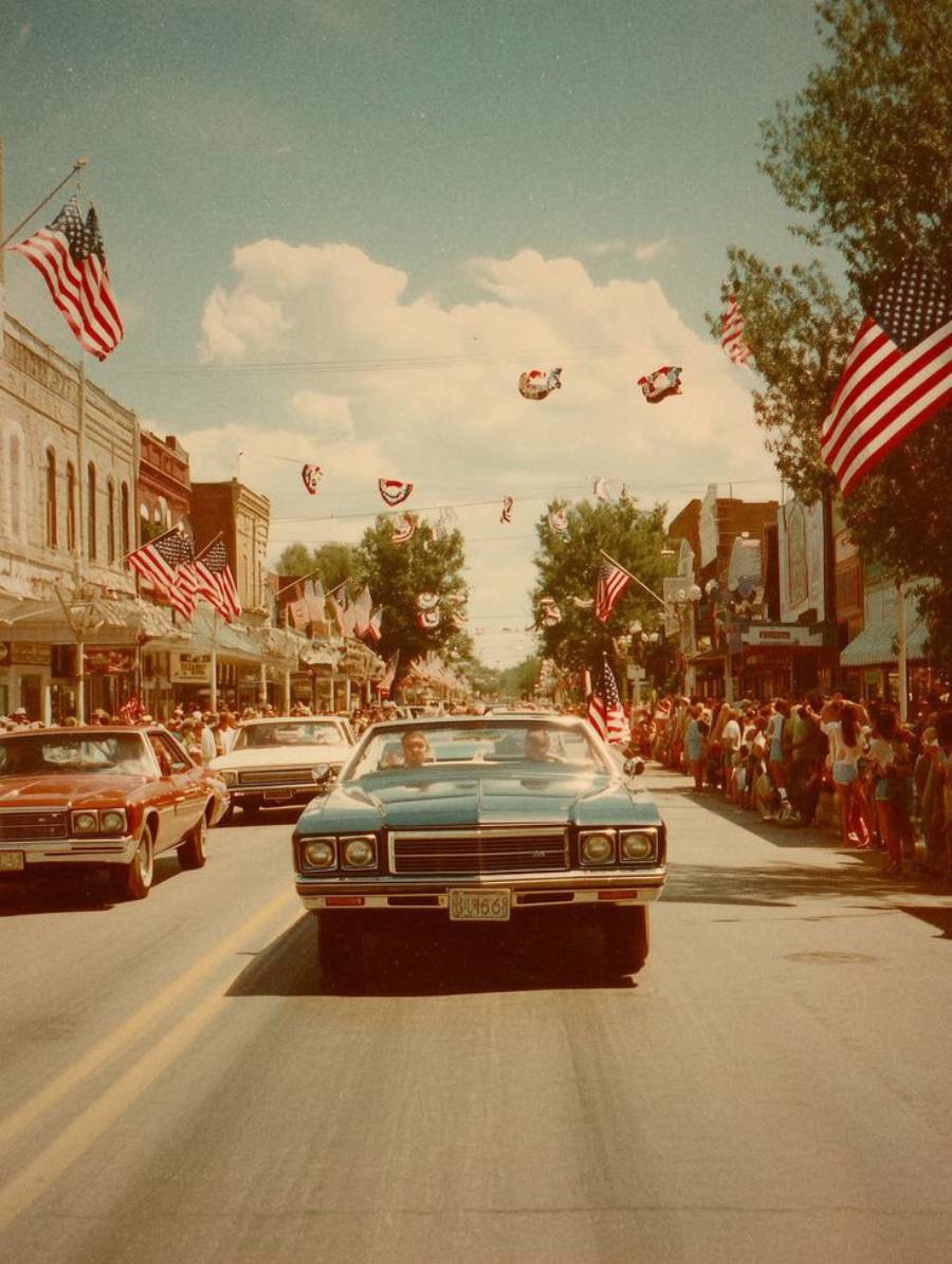 A vintage photo of a parade on a small town street, with American flags and bunting. People line the sidewalks as classic cars drive down the road under a sunny sky.