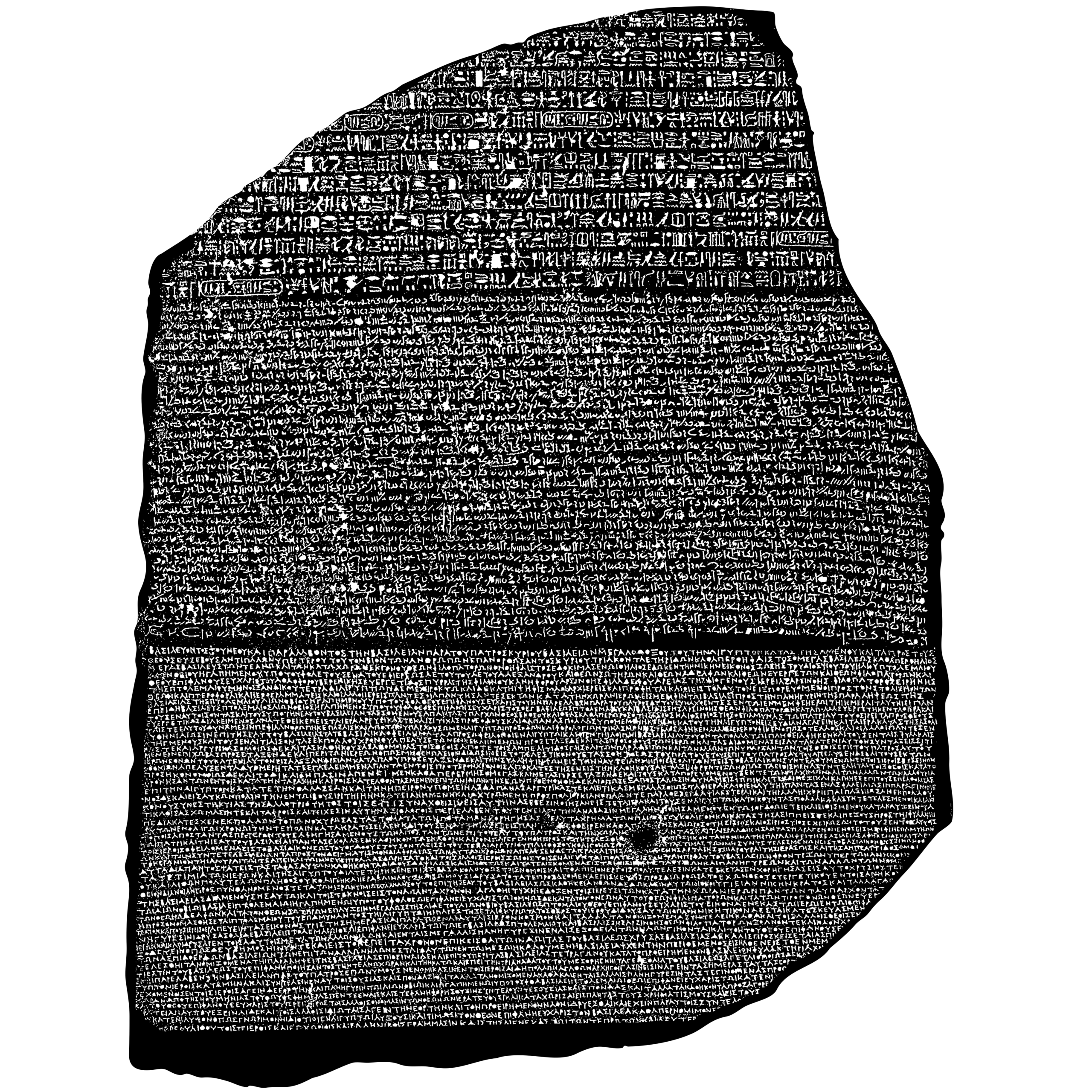 A large, broken stone slab inscribed with three distinct scripts in horizontal sections: Egyptian hieroglyphs, Demotic script, and Ancient Greek. The surface is dark and rough, with some missing corners.
