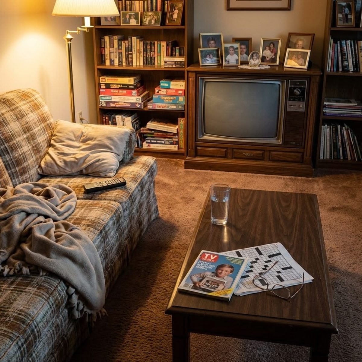 A cozy vintage living room with a plaid sofa, blanket, and TV remote, a wooden coffee table with a crossword, glasses, TV Guide, and water glass, and a corner with bookshelves, board games, framed photos, and an old box TV.