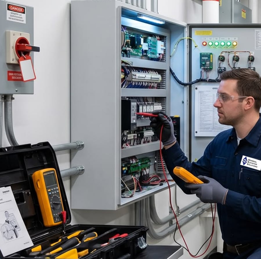 An electrician wearing safety glasses and gloves tests a circuit panel with a multimeter in a utility room. Electrical tools and equipment are visible nearby, emphasizing a focus on safety and technical work.