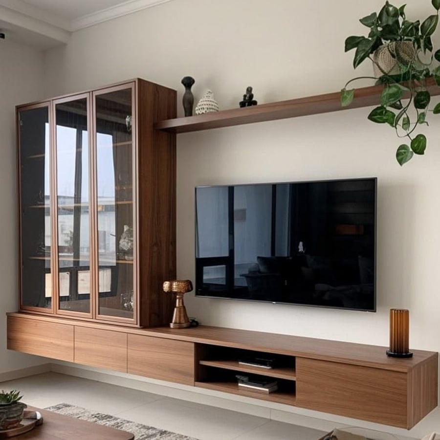 A modern living room wall unit with a mounted flat-screen TV, wooden cabinets, a glass display case, a floating shelf with decor, and a potted plant. Natural light streams in from a nearby window.