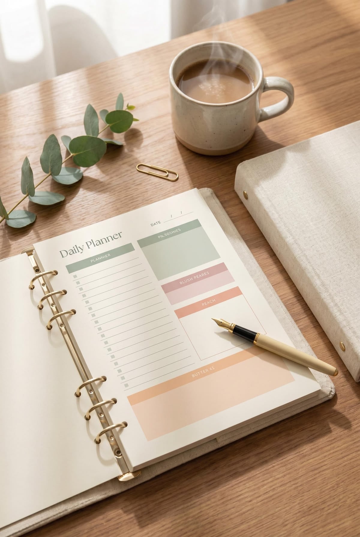 A daily planner opened on a wooden desk with a gold pen on top, next to a steaming cup of coffee, a closed notebook, a gold paperclip, and some eucalyptus leaves. Sunlight streams across the scene.