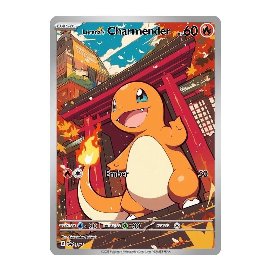 A Charmander Pokémon trading card featuring Charmander standing happily in front of red torii gates and buildings with autumn leaves falling against a bright sky. The card displays stats and information in the corners.
