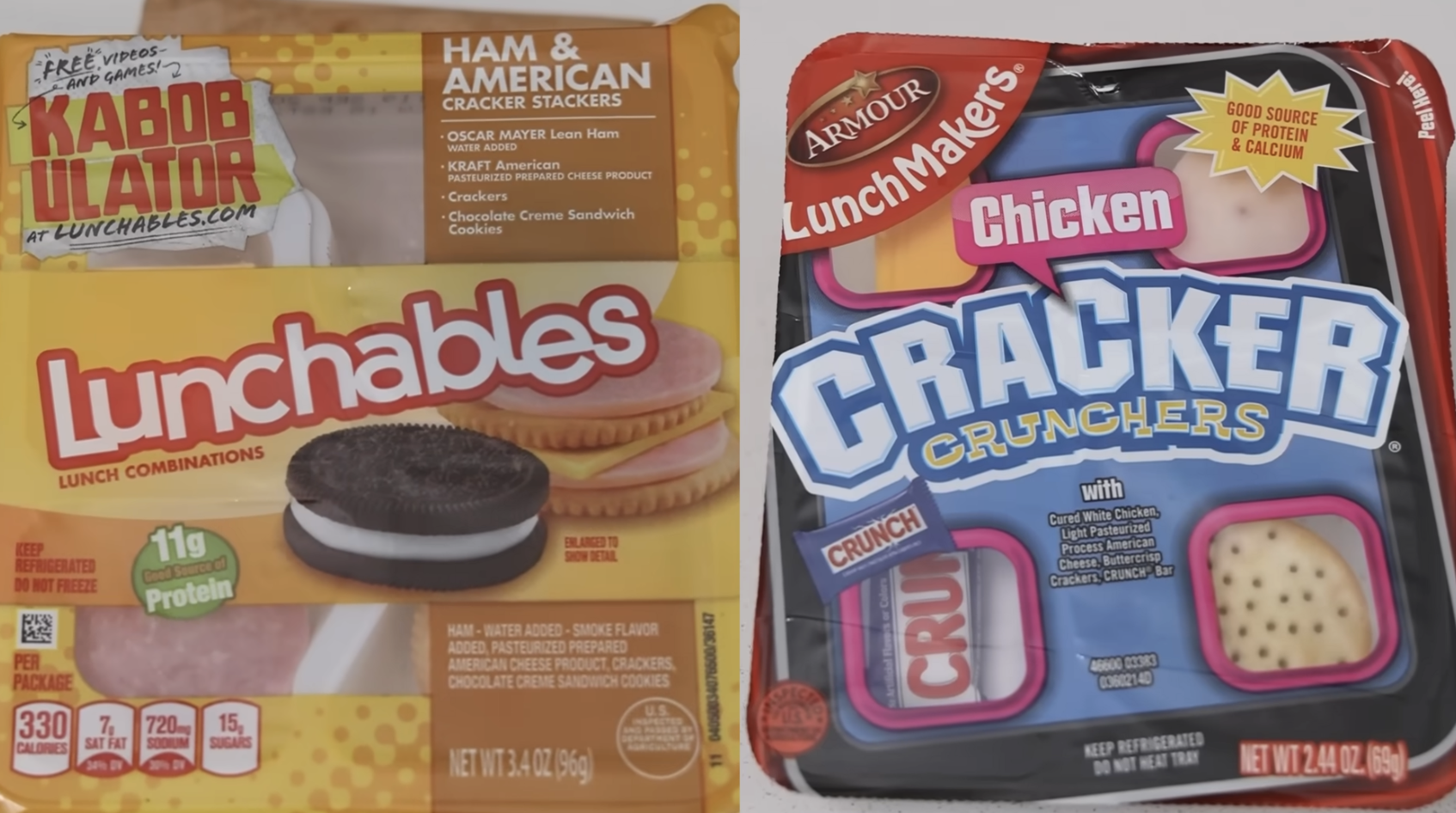 Two lunch kits: Lunchables Ham & American Cracker Stackers with a cookie dessert on the left, and Armour LunchMakers Chicken Cracker Crunchers with cookies and cheese on the right. Both packages are unopened.