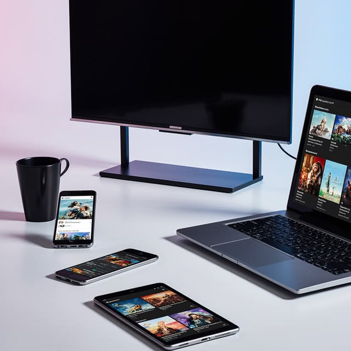 A workspace with a large monitor, a laptop displaying a streaming site, a tablet and two smartphones showing videos, and a black coffee mug, all on a white desk with a blue and pink background light.