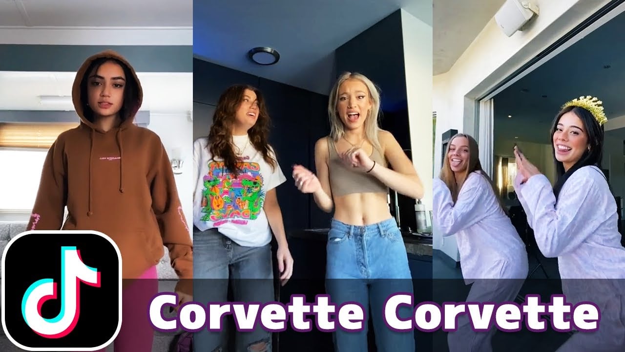Three separate TikTok videos show young women dancing indoors. The left woman wears a brown hoodie, the center two dance together, and the right two wear robes and crown headbands. The TikTok logo and text "Corvette Corvette" appear at the bottom.