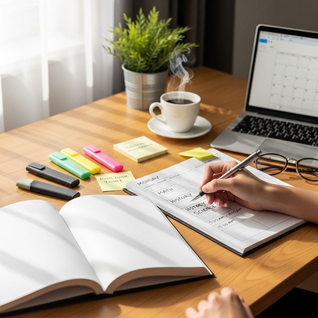 A person writes in a planner on a wooden desk with an open notebook, highlighters, sticky notes, a potted plant, a cup of coffee, and a laptop displaying a calendar beside them. Sunlight streams through a window.