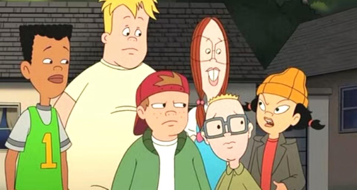 Six animated children stand together outside, looking in different directions with mixed expressions. They are diverse in appearance, wearing casual clothes and hats, with houses and trees in the background.
