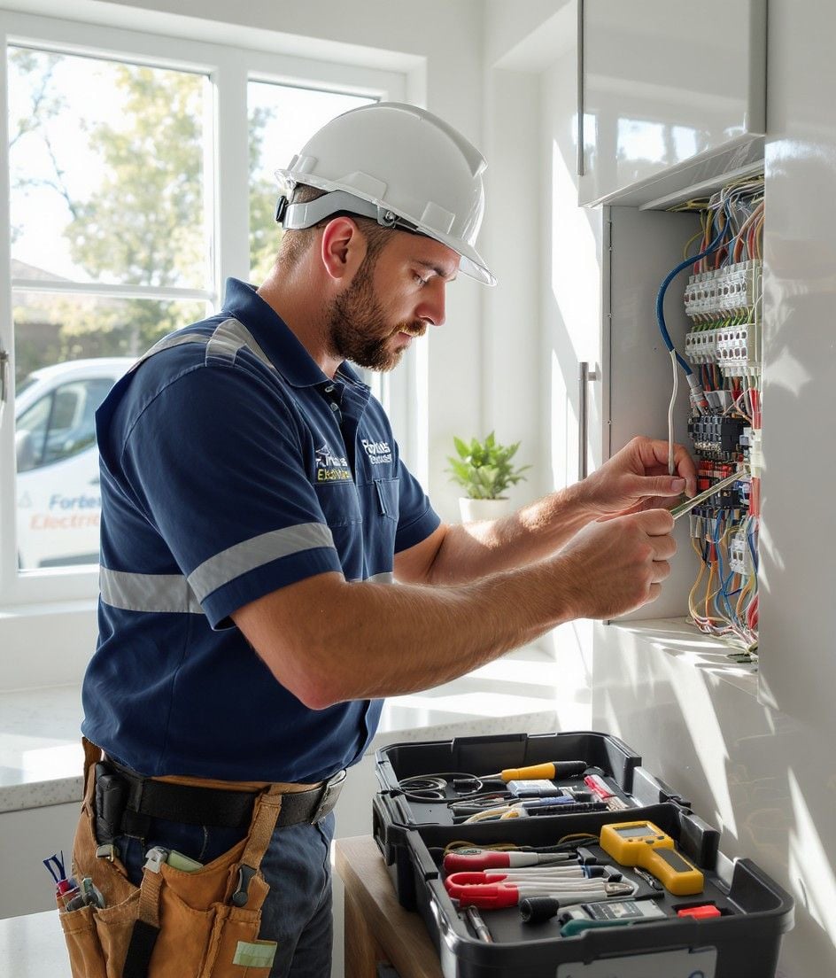 An electrician wearing a hard hat and tool belt works on wiring inside an electrical panel, using tools from an open toolbox on a countertop in a bright, modern room with large windows.
