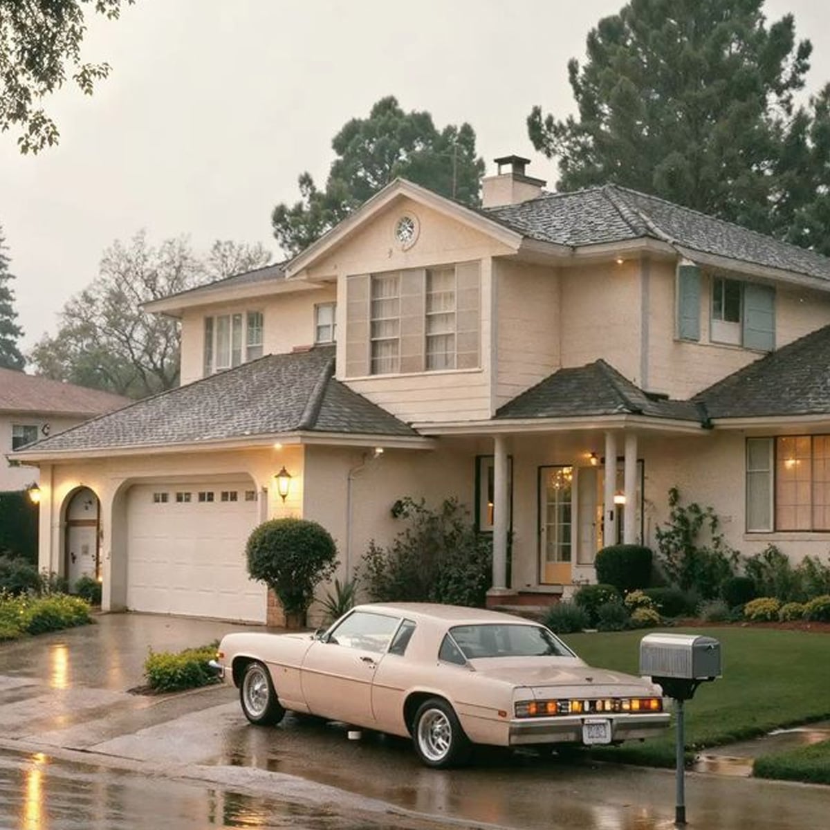 A beige vintage car is parked in the driveway of a two-story suburban house on a rainy day. The house has a garage, a mailbox at the curb, and warm lights glowing from the windows. Trees and wet pavement surround the scene.