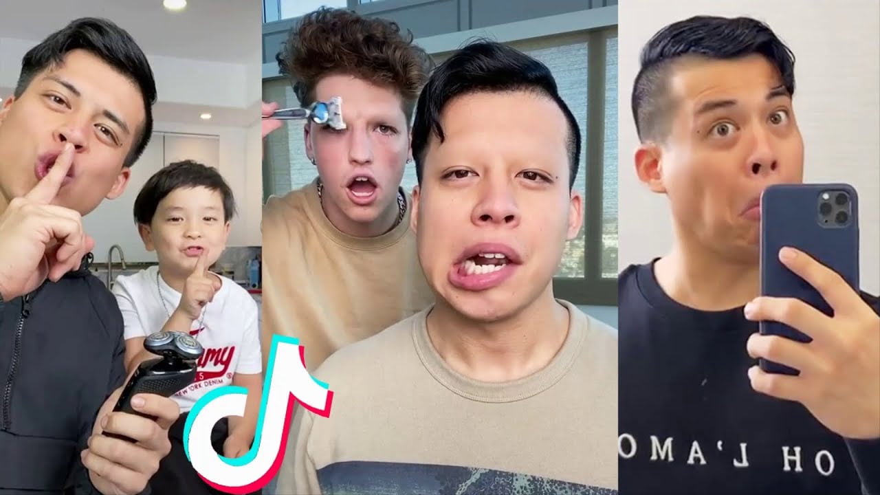 Three photos: On the left, two people hold razors and gesture to be quiet. In the center, two people with shaved eyebrows make silly faces. On the right, a person makes a funny face while taking a selfie with a phone. TikTok logo is visible.