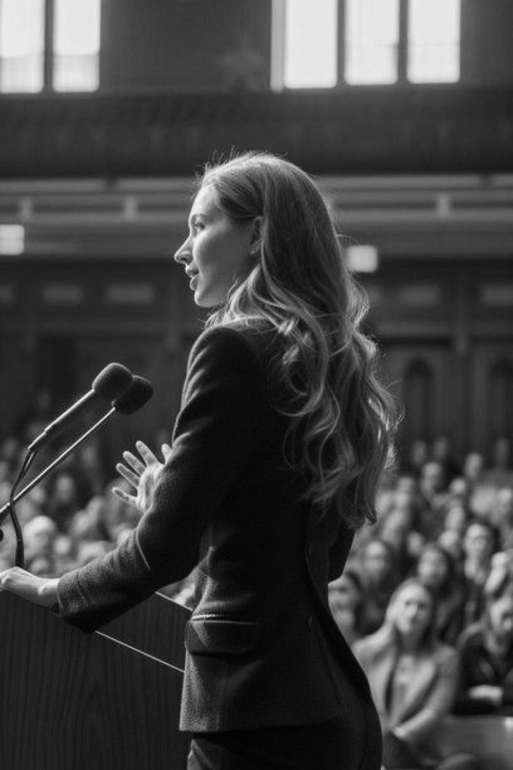 A woman with long wavy hair stands at a podium speaking into a microphone, addressing an attentive audience in a formal, wood-paneled room.