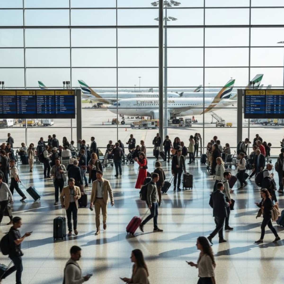 A busy airport terminal with many travelers walking and pulling suitcases. Large windows reveal airplanes parked outside and flight information boards overhead. The scene is bustling with people in motion.