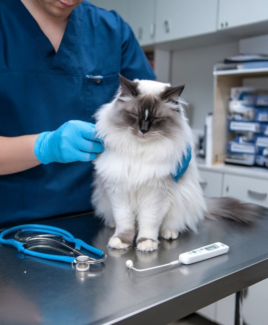 A fluffy white and grey cat sits on a metal exam table at a veterinary clinic. A vet in blue scrubs and gloves examines the cat. A stethoscope and thermometer are on the table.