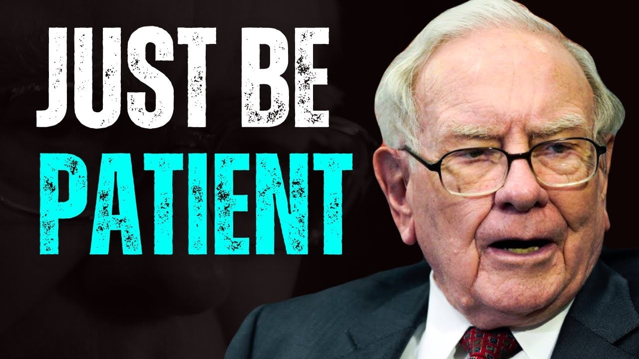 An elderly man with glasses and a suit is speaking in front of a dark background. Large text next to him reads: "JUST BE PATIENT," with "PATIENT" highlighted in blue.