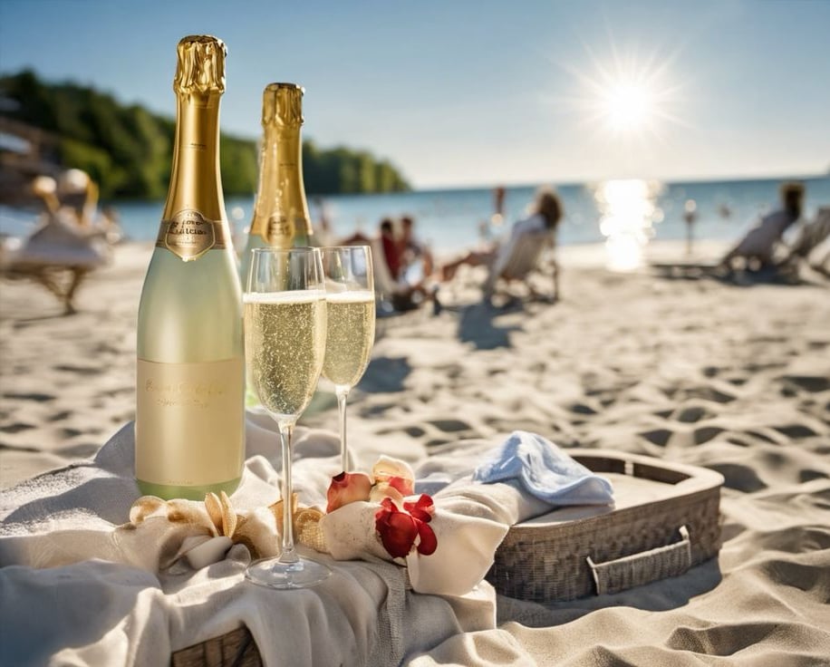 Two bottles of champagne and two filled glasses sit on a tray with seashells and flowers on a sandy beach, with people relaxing by the ocean and the sun shining brightly in the background.