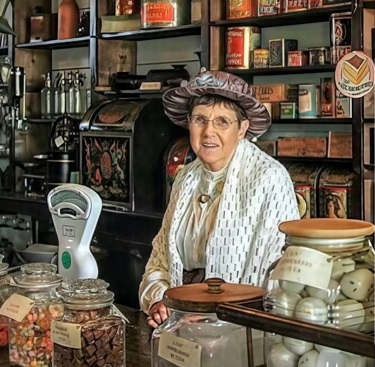 A woman in vintage clothing and a hat stands behind the counter of an old-fashioned shop, surrounded by glass jars filled with sweets and other items, with shelves and tins in the background.