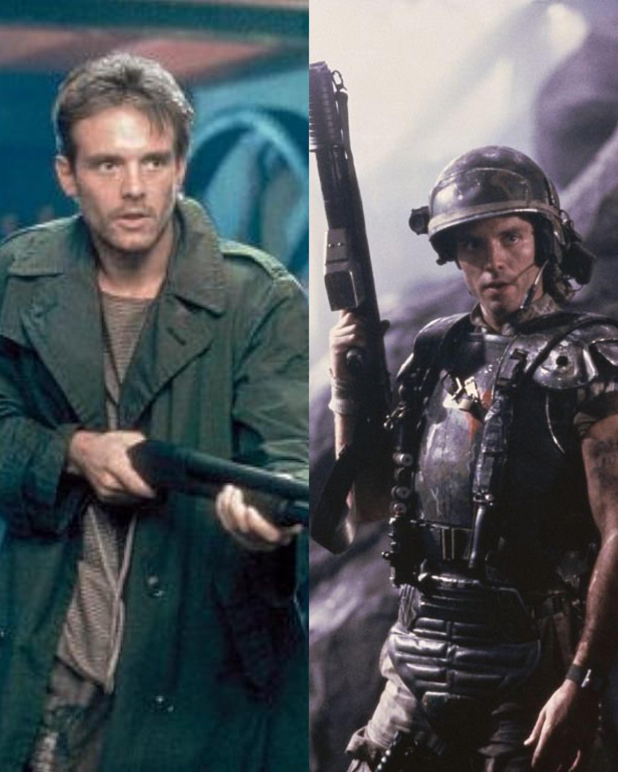 Split image: On the left, a man in a green coat holds a shotgun. On the right, a man in futuristic military armor and helmet holds a large gun in a sci-fi battle setting. Both appear tense and focused.
