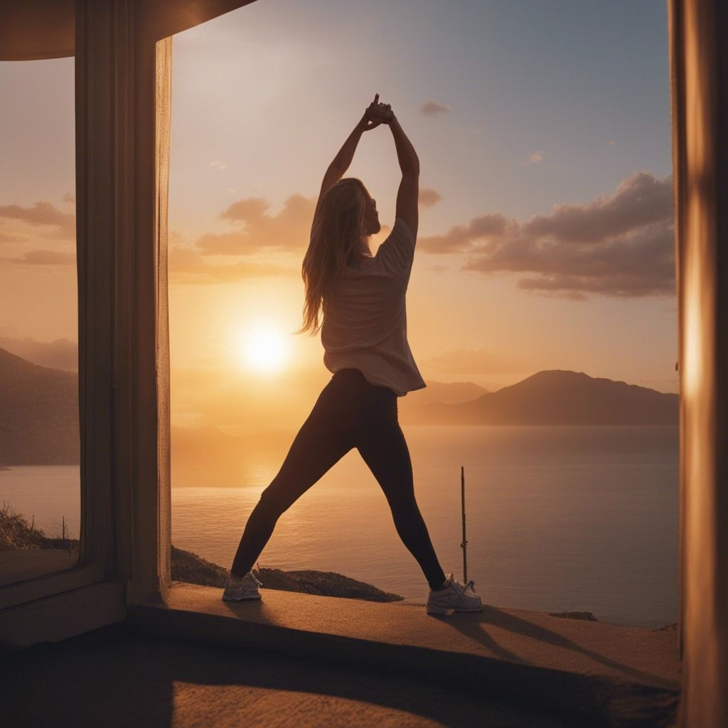 A person practices a yoga pose near a large window at sunrise, overlooking a calm sea and distant mountains under a colorful sky.