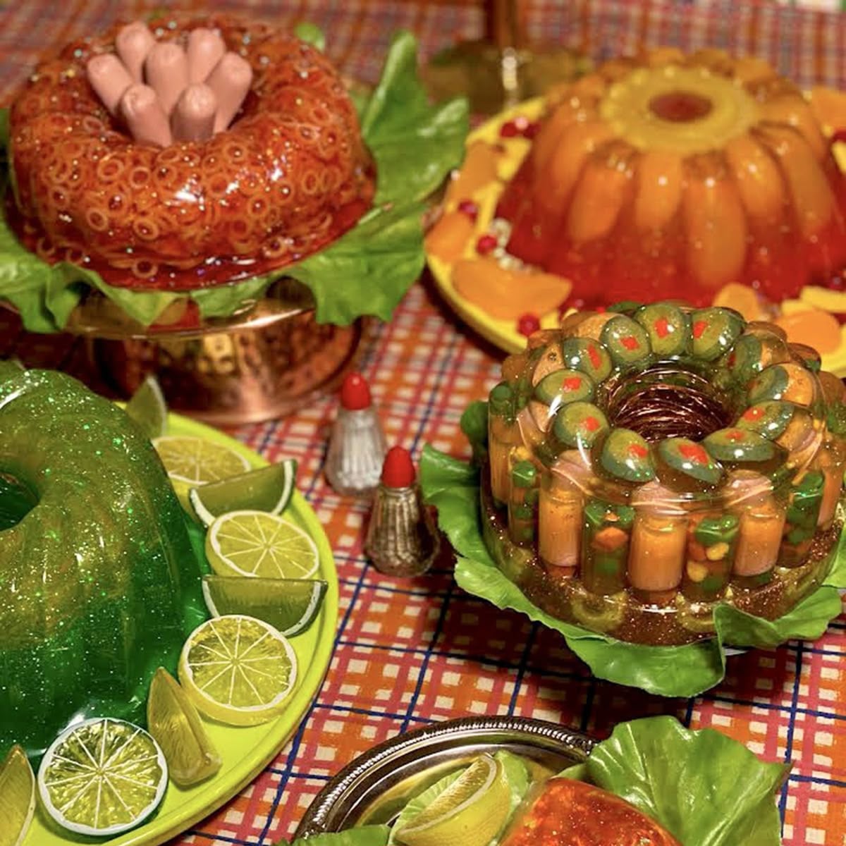 A table with retro-style gelatin molds in various colors, shapes, and ingredients, including vegetables and hot dogs, displayed on plates with lettuce and lime wedges, atop a plaid tablecloth. Salt and pepper shakers are visible.