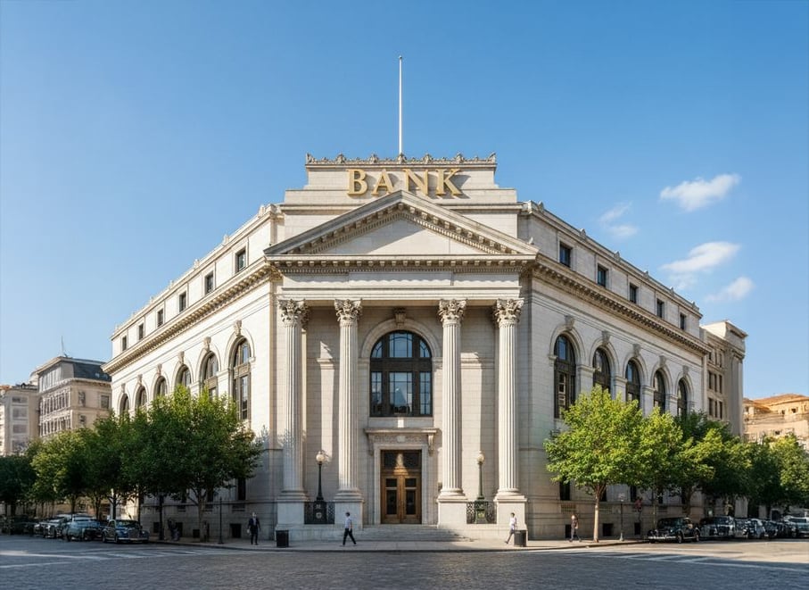 A large, ornate stone bank building with tall columns, arched windows, and the word "BANK" displayed at the top, situated on a street corner with trees and cars along the sidewalk.