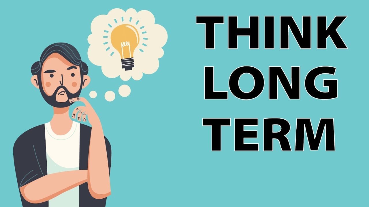 An illustrated man with a thoughtful expression has a light bulb in a thought bubble above his head. Large black text next to him reads, "THINK LONG TERM" on a light blue background.