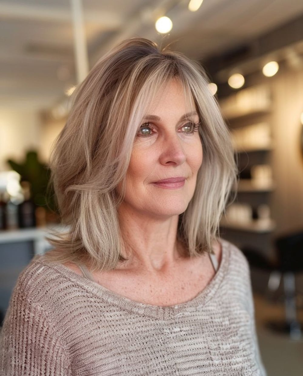 A woman with shoulder-length, layered blonde hair and side-swept bangs wears a light knit sweater, standing in a modern, softly lit salon with shelves and décor in the background.