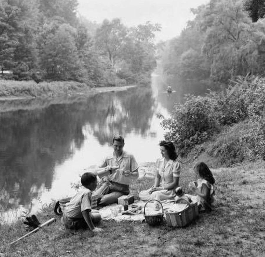 A family of four enjoys a picnic on a grassy riverbank. The parents sit on a blanket with food, while two children play nearby. Trees line the calm river, and a boat with two people is visible in the background.