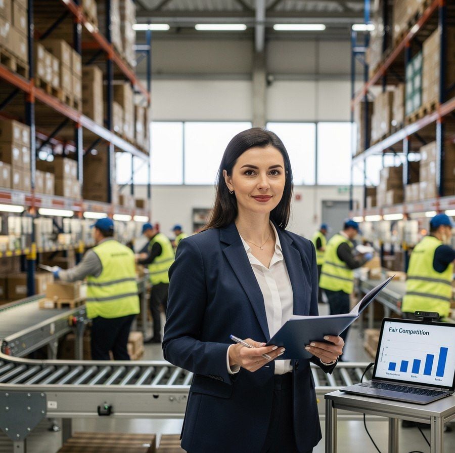 A woman in a navy suit stands in a warehouse holding documents and a pen, with workers in yellow vests packing boxes behind her. A laptop displaying a chart sits on a nearby table.
