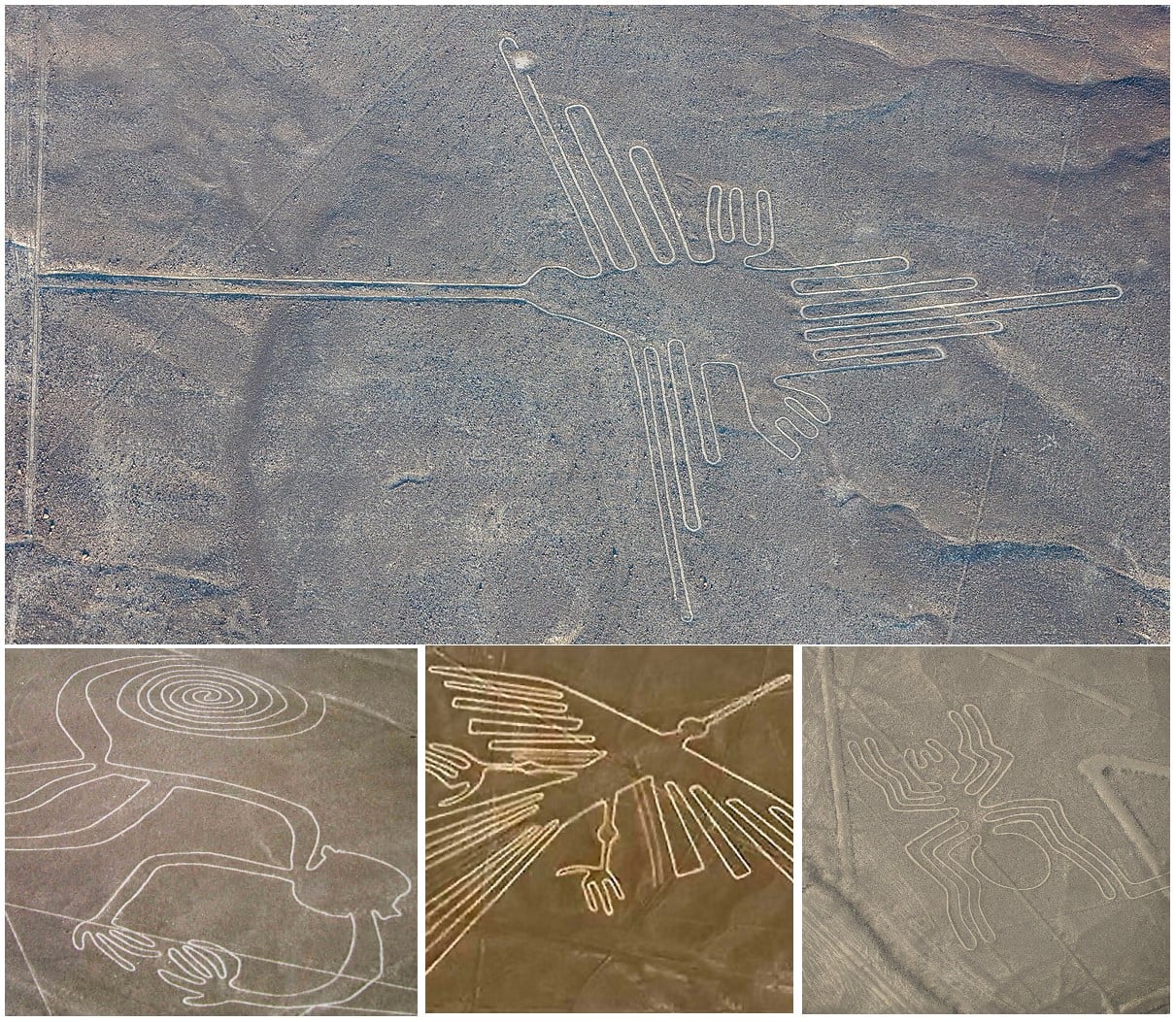 Aerial photos show large geoglyphs carved into desert ground, including a bird, monkey, and human-like shapes. The landscape is dry and barren, highlighting the white lines contrasting with the brown earth.