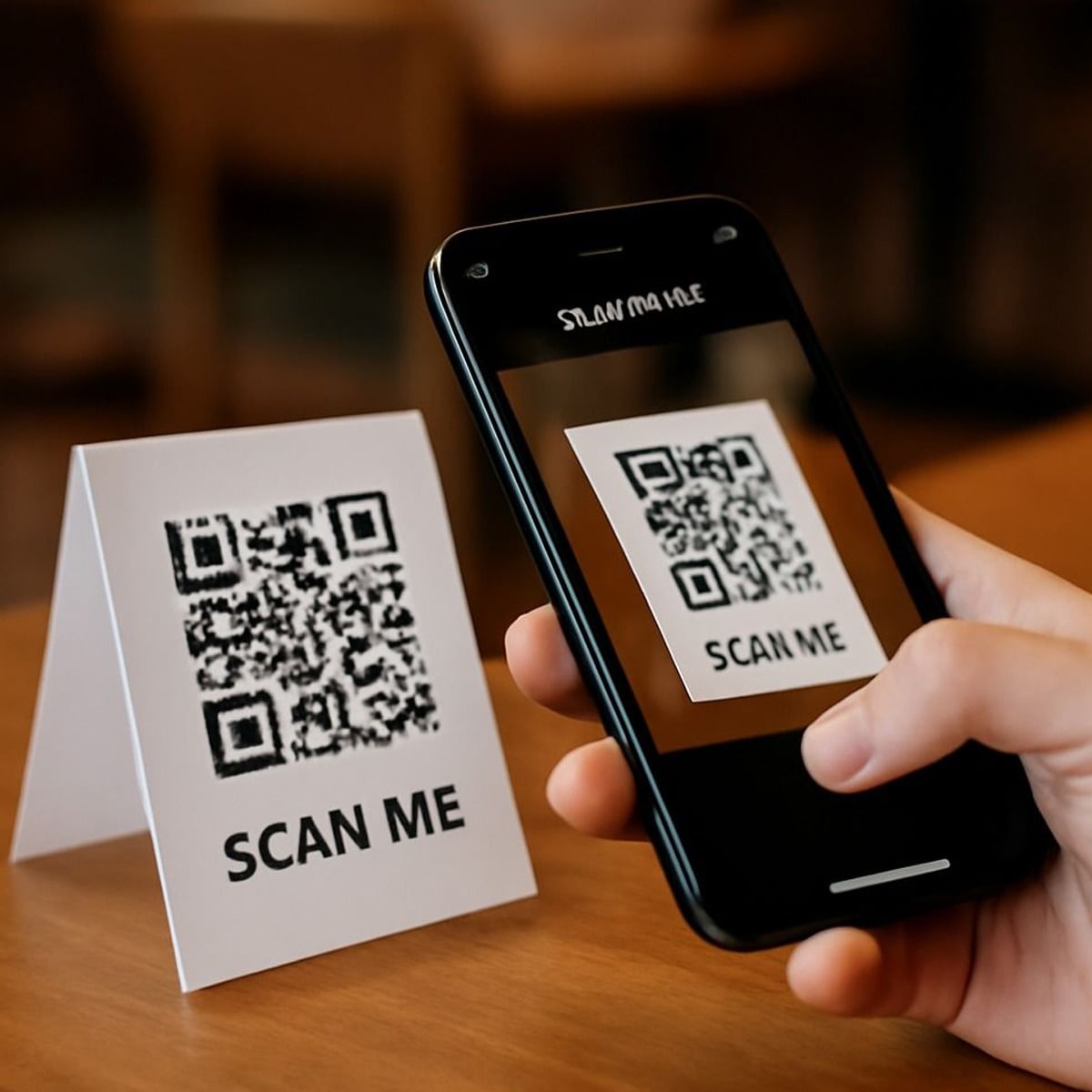 A hand holds a smartphone scanning a QR code from a small table tent card that reads "SCAN ME," placed on a wooden surface in a blurred indoor setting.