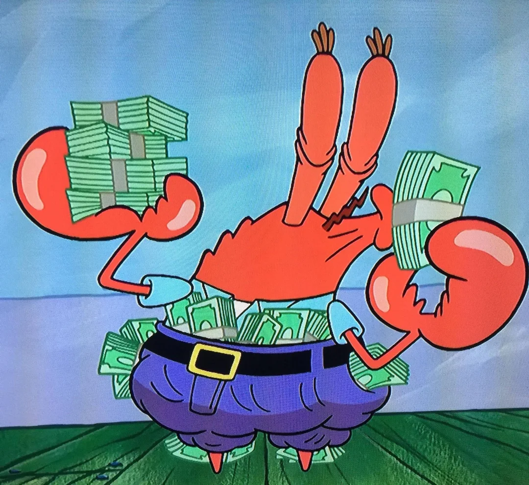 A cartoon crab wearing purple pants is holding stacks of cash in both claws, with more money sticking out of his pants and money scattered in the background.