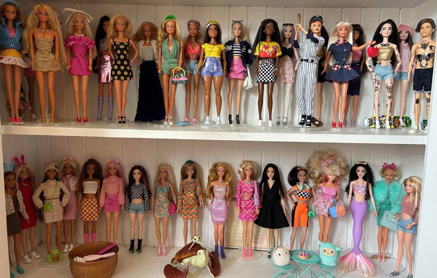 A collection of various Barbie dolls is displayed on two white shelves, each dressed in different colorful outfits and styles. The bottom shelf also includes a few small accessories, animals, and mermaid dolls.