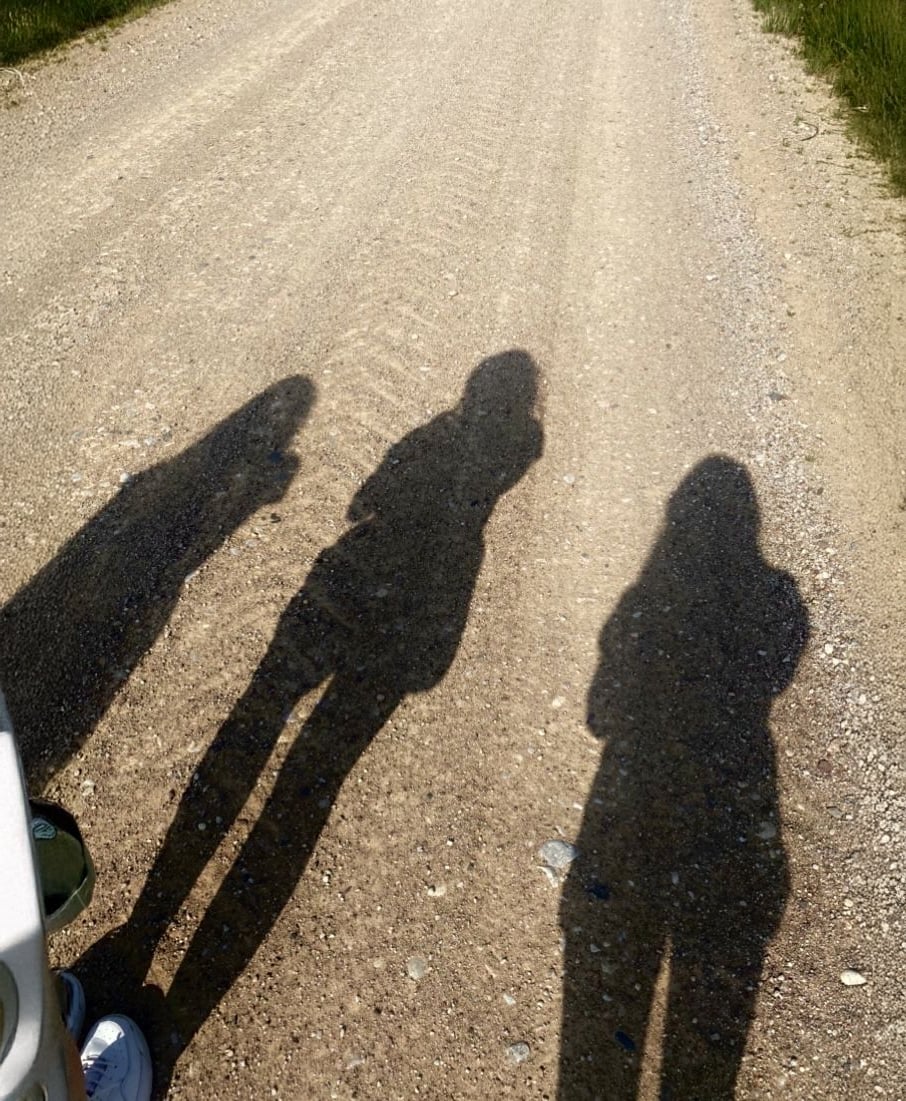 Shadows of three people are cast on a sunlit dirt road, with grass lining the road's edge. Part of a stroller or cart is visible in the lower left corner.