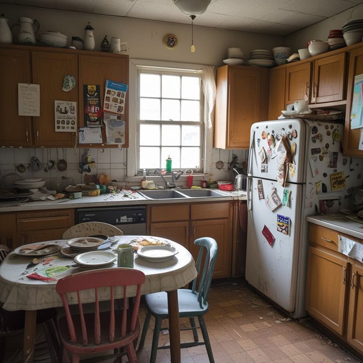 A cluttered kitchen with wooden cabinets, a sink under a window, a fridge covered in magnets, and dirty dishes on counters and a small round table with mismatched chairs. The room appears untidy and lived-in.