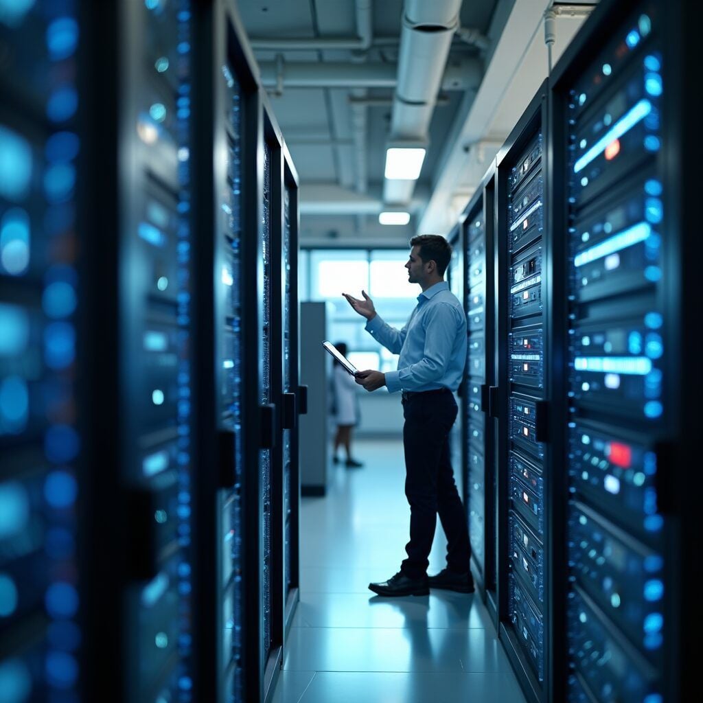 A person stands in a modern server room holding a tablet, surrounded by rows of illuminated server racks, appearing to speak or gesture while working.