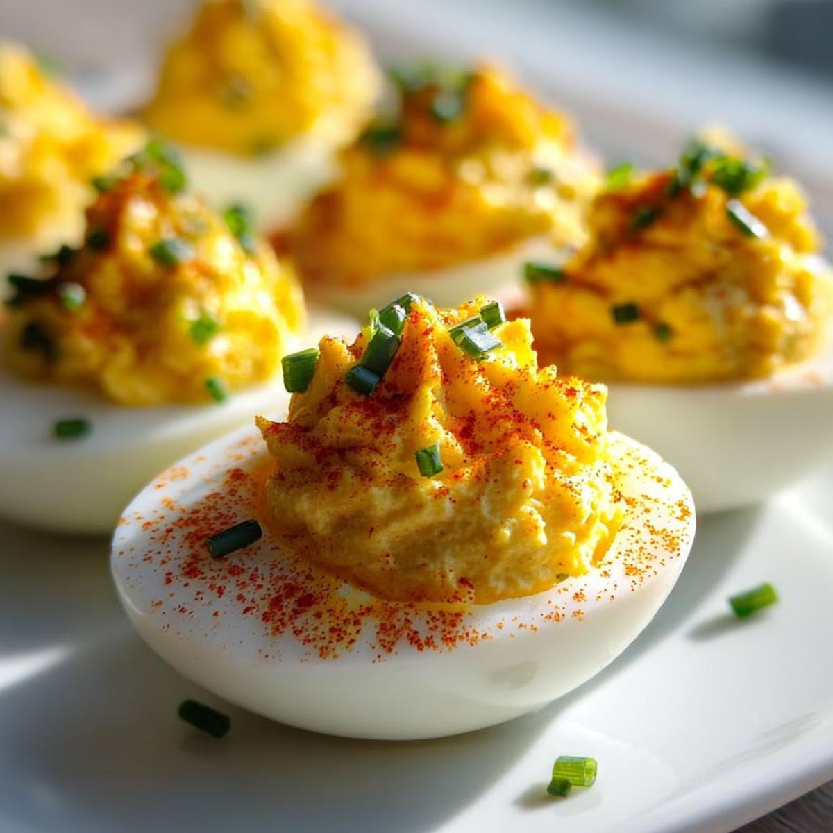 A close-up of deviled eggs topped with chopped chives and a sprinkle of paprika, arranged on a white plate with sunlight highlighting their creamy yellow filling.