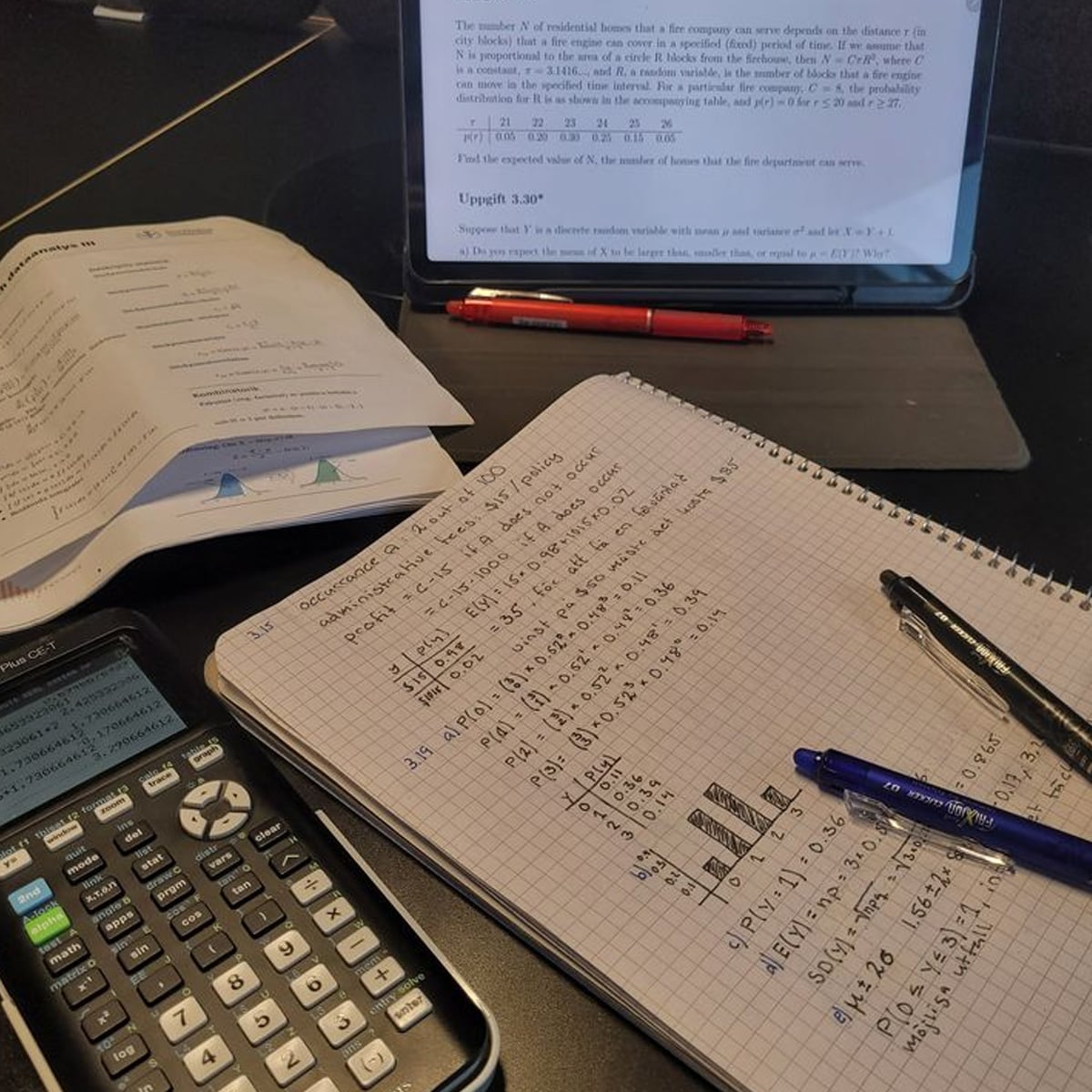 A calculator, notebook with handwritten math problems, open workbook, pens, and a tablet displaying a math problem are arranged on a desk, suggesting a study or homework session.