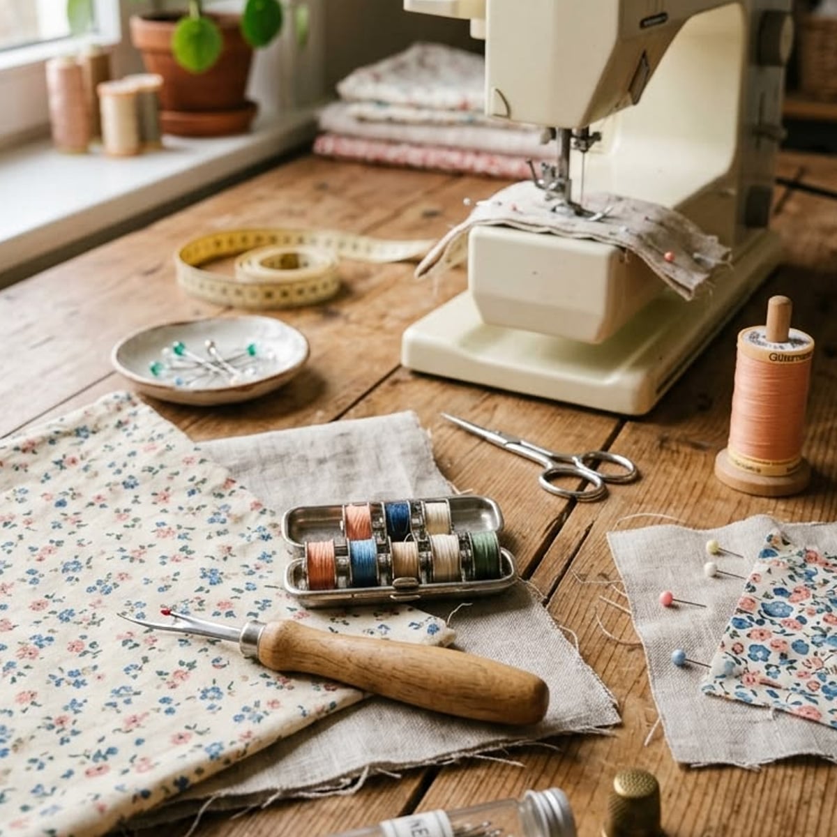 A wooden table with a sewing machine, floral and plain fabrics, spools of thread, pins, scissors, measuring tape, and a seam ripper, creating a cozy sewing workspace near a window with potted plants.