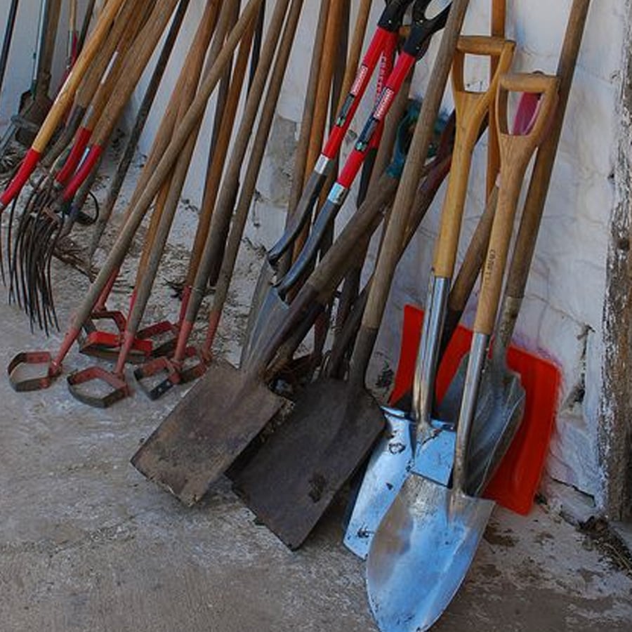 A variety of gardening tools with wooden handles, including shovels, hoes, rakes, and shears, are leaning against a white wall on a concrete floor.