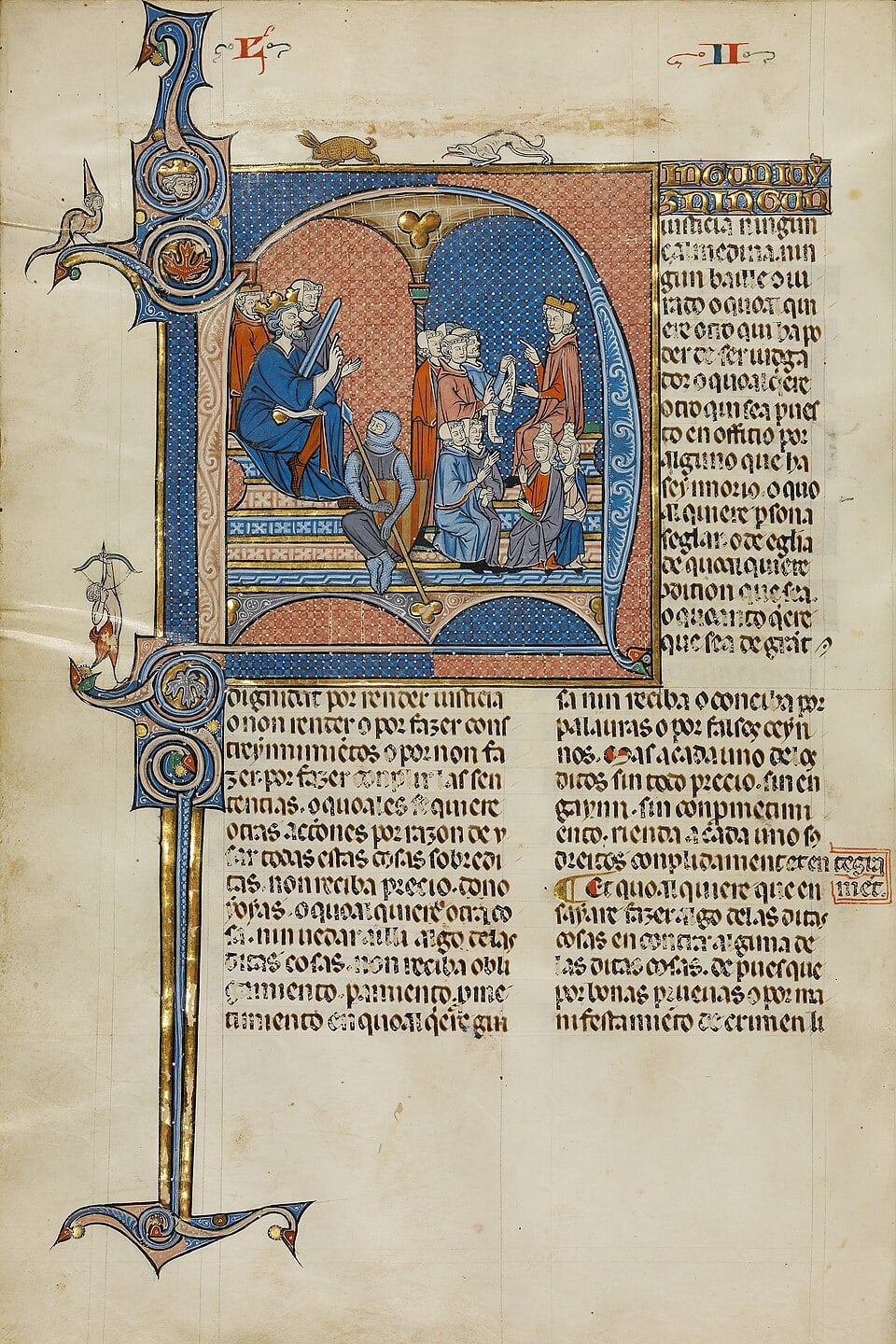 Illuminated medieval manuscript page with ornate decorated initials and a colorful illustration of a king on a throne giving a decree to kneeling figures, surrounded by attendants; Latin text fills the right side.