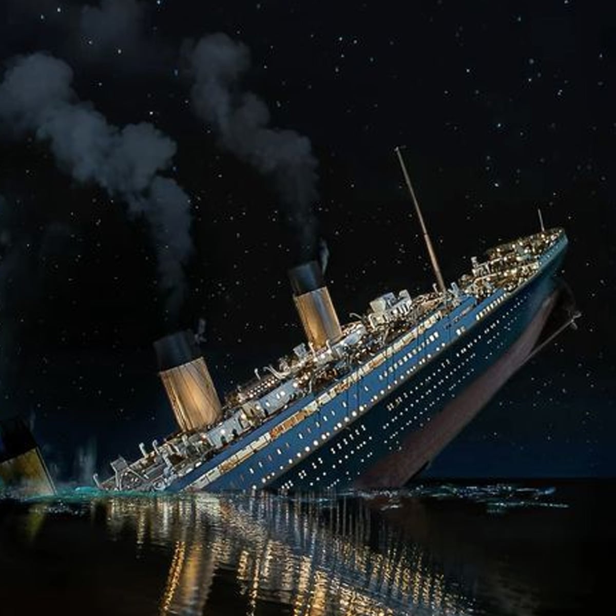 A large ocean liner, resembling the Titanic, sinks at night with its stern raised high above the water, illuminated lights, smoke from its funnels, and lifeboats being lowered as stars fill the sky.