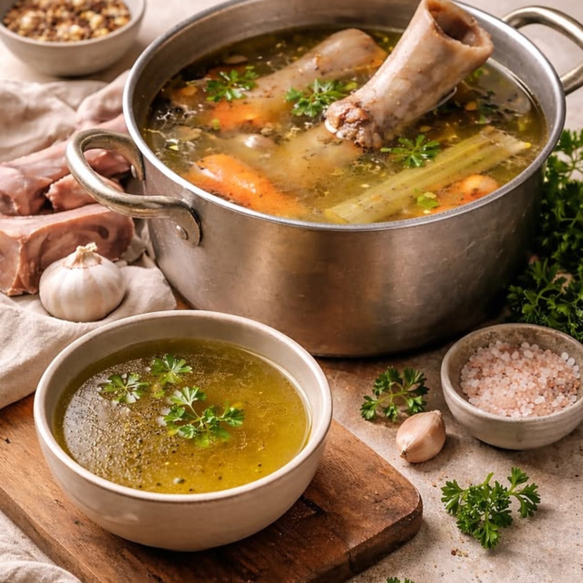 A pot of homemade bone broth with vegetables and herbs sits next to a bowl of broth garnished with parsley. Raw bones, garlic, salt, and fresh parsley are arranged around on a rustic wooden table.