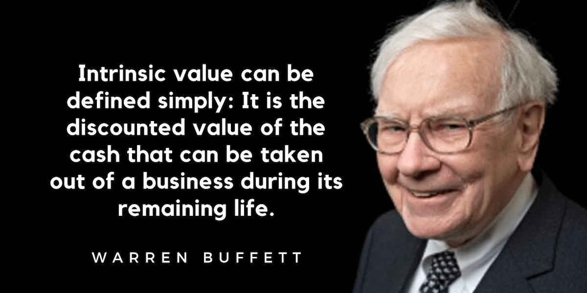 Smiling elderly man with glasses in a suit. Beside him is a quote: "Intrinsic value can be defined simply: It is the discounted value of the cash that can be taken out of a business during its remaining life." – Warren Buffett.